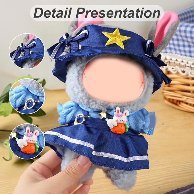 17cm Doll Clothes Set (No Doll) – Outfit with Hat & Overalls, Handmade Accessories for Mini Dolls, OB11-Compatible Dress-Up Gift (Rabbit Officer)