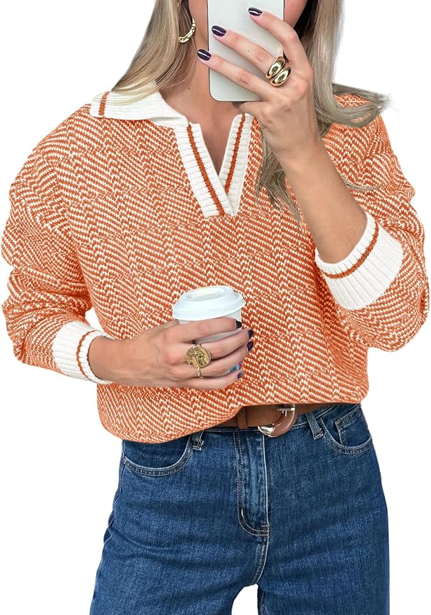 Saodimallsu Womens Fall Sweaters Tops Lapel V Neck Knit Color Block Shirt | Winter,Long Sleeve,Casual,Soft,Pullover,Cozy,Ribbed,Ladies,Chunky,Warm Sweaters,Checkered,Tunic,Work