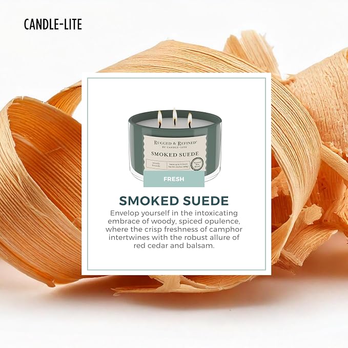 Candle-Lite Scented Candles for Men, Smoked Suede Fragrance, 16.25 oz Jar, 3-Wick, 51 Hours of Burn Time, Masculine Aromatherapy with Long Lasting Scent, Ideal Gift for Father's Day and Home Decor