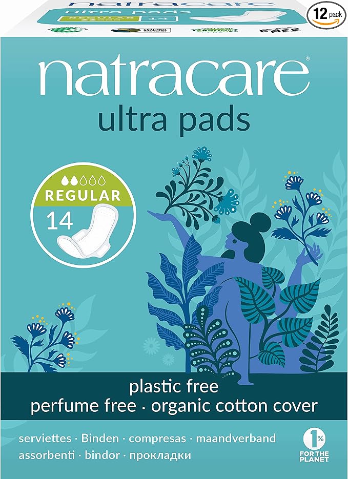 Natracare Slim Fitting Ultra Pads with Wings, Regular, Made with Certified Organic Cotton, Ecologically Certified Cellulose Pulp and Plant Starch (12 Pack, 168 Pads Total)