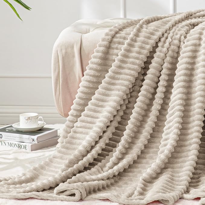 BEDELITE 3D Ribbed Linen Color Fleece Throw Blanket for Couch, 50x60 Inch | Soft Warm Decorative Fluffy Blanket, Cozy Plush Lightweight Fuzzy Throw Blanket for Bed Sofa Home Room Decor, Gift for Women