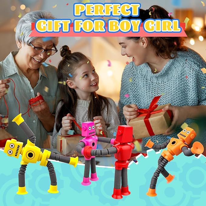 14PCS Suction Cup Pop Tube Sensory Toys, Basket Stocking Stuffer Set for Kids Toddlers, Funny Robot Action Figure Bendable Fidget Toy Gift Birthday Party Favors