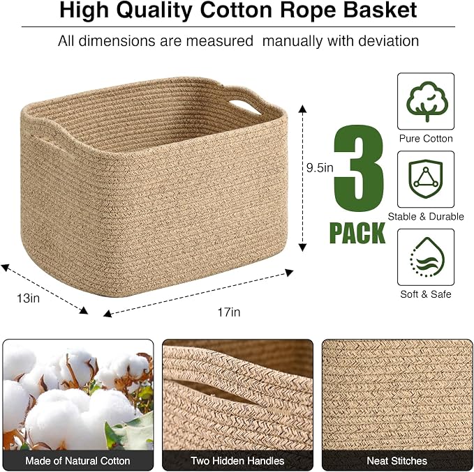 ICERZCZ Large Storage Baskets for Organizing Shelves, Woven Cotton Rope Bins for Baby Nursery Organization, Book Toy Towel Organizer, 17"x13"x9.5", 3 Packs, Brown