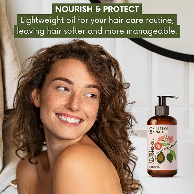 Best of Nature 100% Pure Sweet Almond Massage & Body Oil, Deep Moisturizing Unscented Oil for Hair, Skin, Face, & Aromatherapy, Ideal Carrier Oil for Essential Oils (8 fl oz)