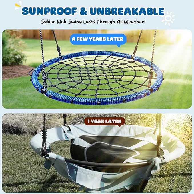 Trekassy 750lbs 40" Spider Web Saucer Tree Swing for Kids Adults, Outdoor Net Swing with Steel Frame and 2 Hanging Straps-Blue (Patented)