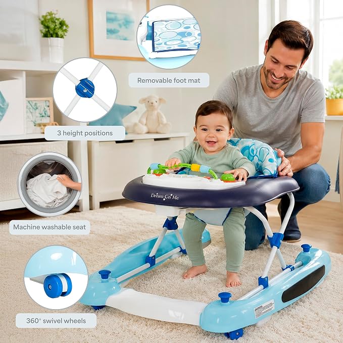 Dream On Me Go-Getter Baby Walker with Rear Push Handle, 2-in-1 Activity Walker and Walk-Behind, 3 Height Adjustments, Easy to Fold, Machine-Washable Seat Pad, Detachable Fun Tray, Blue