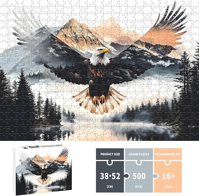 500 Piece Puzzles for Adults, Eagles Jigsaw Puzzles - Eagle's Embrace, Impossible Landscape Puzzles, Finished Size 20.47 * 14.96”, with 1:1 Poster, Letter on The Back