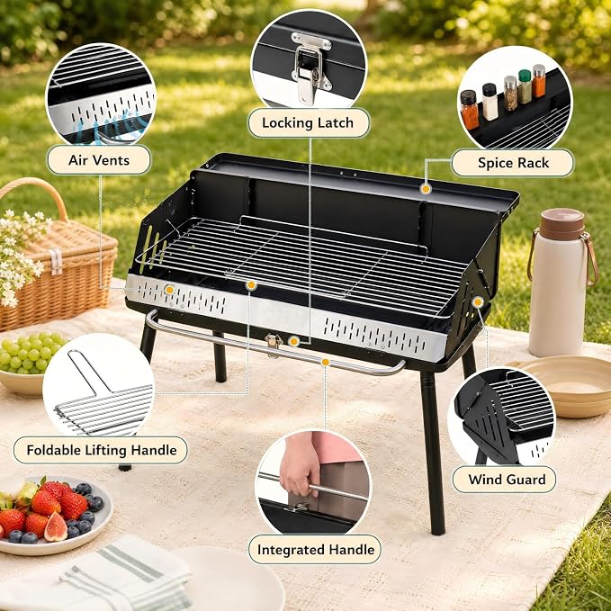 Giantex Portable Charcoal Grill with Detachable Legs, Compact BBQ Grill | Adjustable Grate, Spice Rack & Carrying Bag, Lightweight Barbecue Griddle for Backyard Party Camping Tailgating