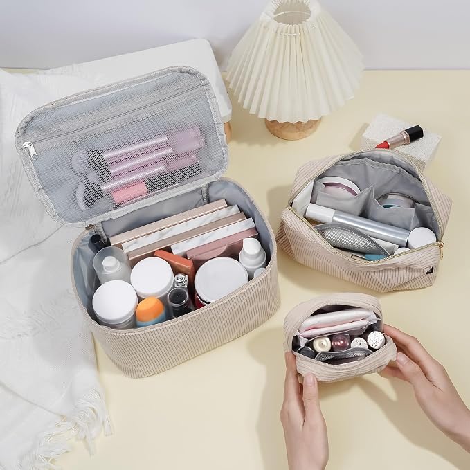 MAGEFY Small Makeup Bag for Purse Mini Cosmetics Bag Corduroy Cute Cosmetic Pouch for Women with Slip-in Pockets