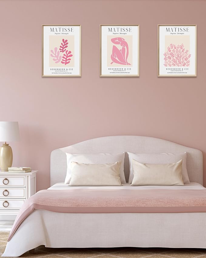 Matisse Pink Framed Wall Art Set of 3, Abstract Canvas Prints | 12x16in High-Framed Design, Matisse-Inspired Artwork, Pink Minimalist Wall Decor for Living Room Bedroom Bathroom