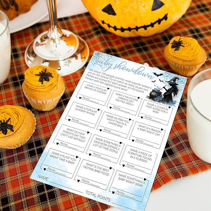 Hilarious Baby Shower Games, 25 Sets Halloween Baby Showdown + Answer Card, Blue Witch Gender Reveal Game Cards for Party Announcement Supplies - B10
