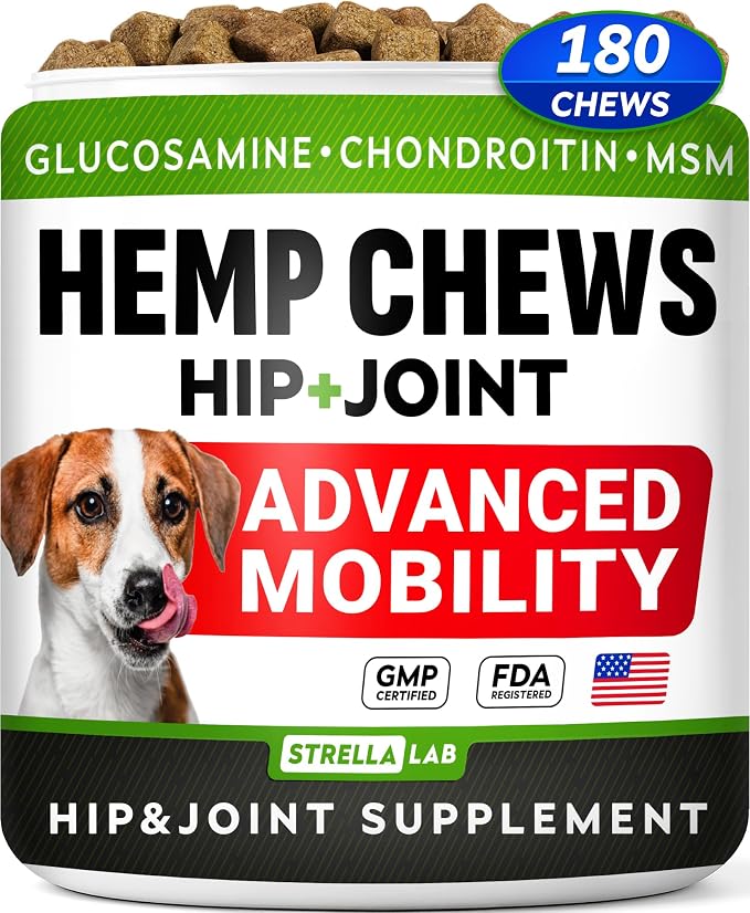 STRELLALAB Hemp Chews for Dogs - Hip & Joint Supplement with Glucosamine - Joint Pain Relief Treats - Omega 3, Chondroitin, MSM - Advanced Mobility Support - Chicken Flavor - 180 Ct - Made in USA