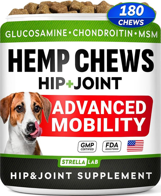 STRELLALAB Hemp Chews for Dogs - Hip & Joint Supplement with Glucosamine - Joint Pain Relief Treats - Omega 3, Chondroitin, MSM - Advanced Mobility Support - Chicken Flavor - 180 Ct - Made in USA