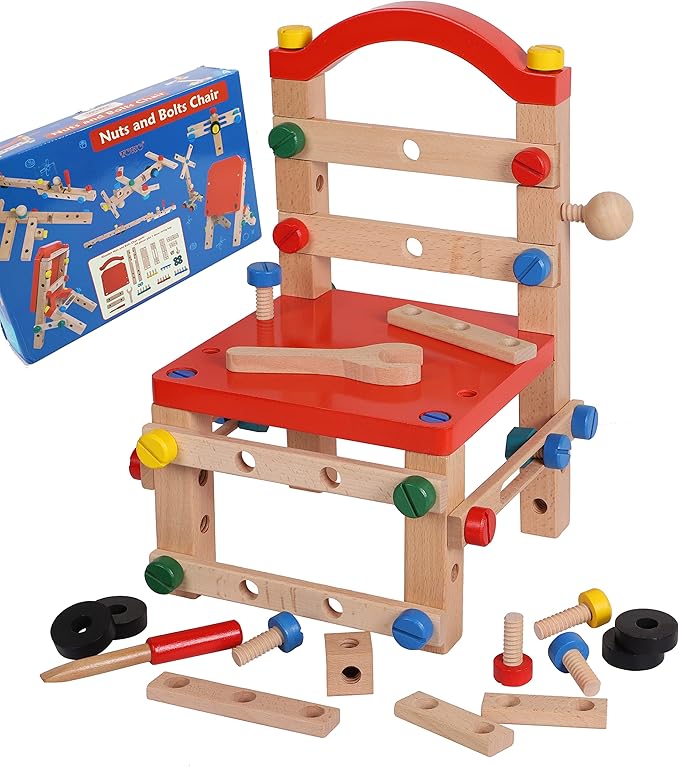Wooden Nuts and Bolts Set - Construction Work Bench Chair - Wooden Construction Kits for Kids - Compatible with TOWO Nuts Bolts Set