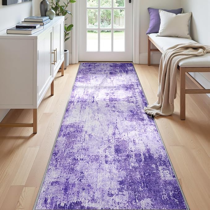 RELEANY Washable Runner 2'x6' Abstract Area Rug for Hallway Purple | carpet for kitchen, entryway, bathroom, living room, bedroom, printed pattern, non-slip, soft, stain-resistant, easy to clean