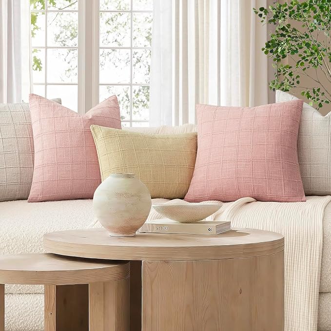 Foindtower Set of 2 Decorative Linen Check Throw Pillow Covers Neutral Farmhouse Vintage Cushion Covers Modern Boho Accent Home Decor for Sofa Chair Couch Bedroom Living Room,26×26 Inch,Light Pink