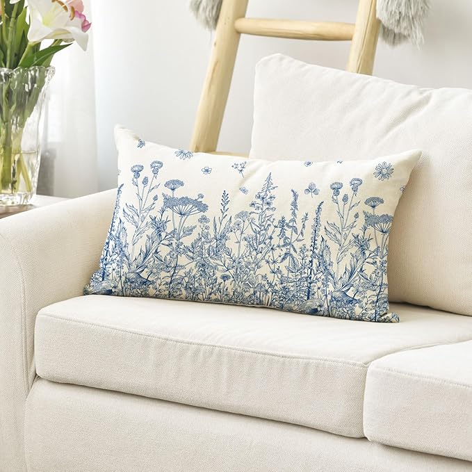 AVOIN colorlife Wildflowers Spring Blue Throw Pillow Cover 12x20 Inch | Summer Floral Cushion Case Decoration for Home Sofa Couch