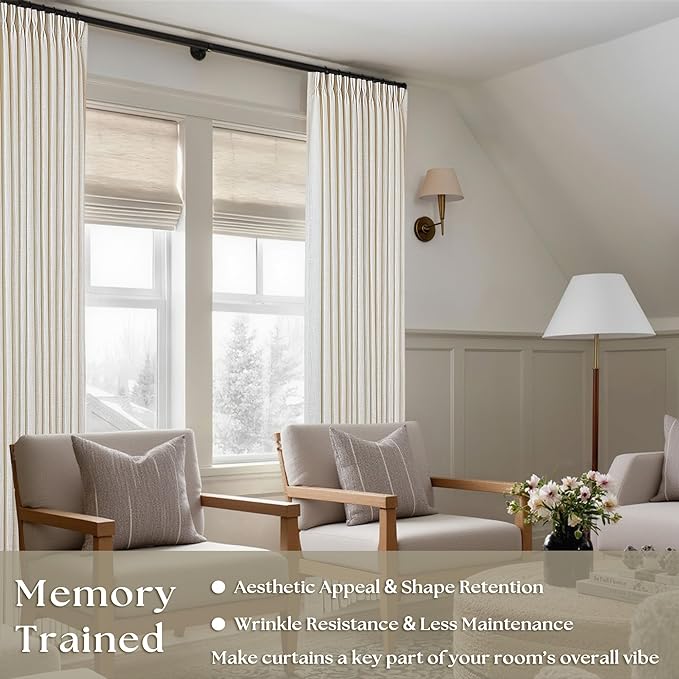 TWODRAPES Natural Pinch Pleated Linen Curtains 126 Inches Long 2 Panels for Living Room Bedroom Memory Training Shaped Semi Sheer Pleat Drapes Hooks Rings Light Filtering Window Curtain 40x126