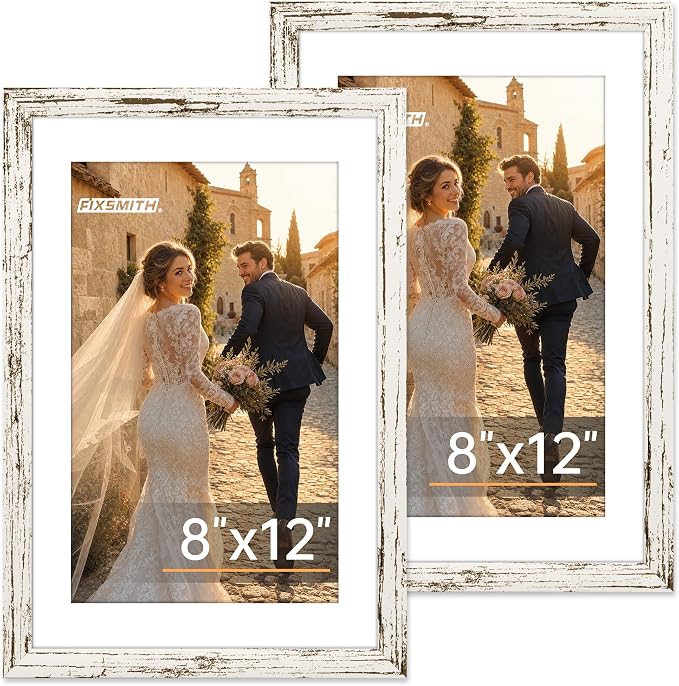 FIXSMITH 8x12 Picture Frame 2 Pack, Distressed White Photo Frame with HD Plexiglass, Display Pictures 6x8 with Mat or 8x12 Without Mat, Distressed White Picture Frames Collage Wall Decor, Gallary Wall Frame