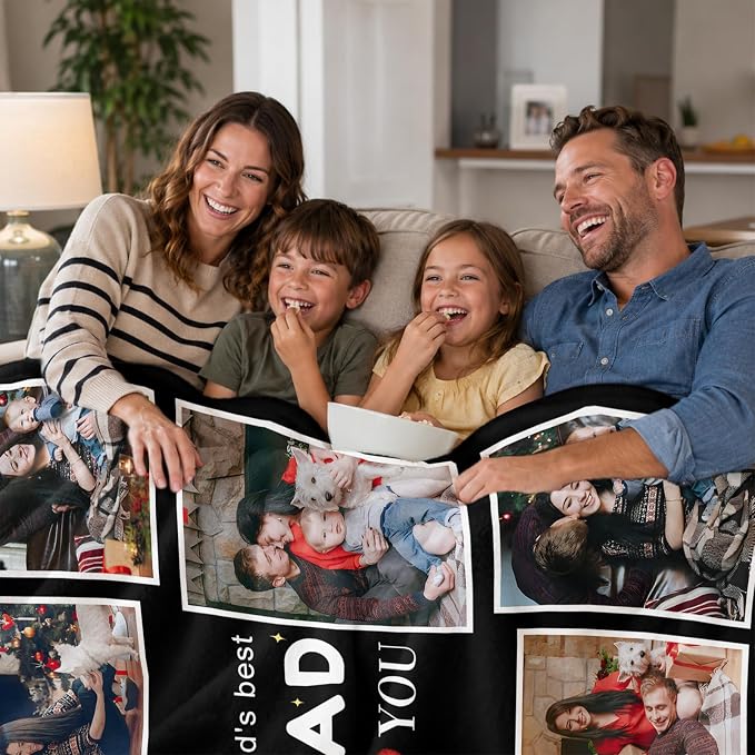 Fathers Day Birthday Gift for Dad Custom Blanket with 8 Photo & Text, Personalized Blankets with Picture to My Dad, HD Printing Customized Flannel Throw Blanket Gifts for Best Daddy Grandpa Ever