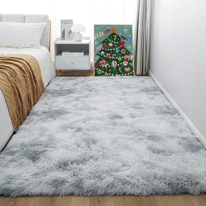 6x9 Tie-Dye Gray Shag Rug for Bedroom, Soft Plush Fluffy Carpet | Gray Area Rug for Living Room, Kids Nursery, Boys Dorm Room, Washable Non Slip Shaggy Carpet