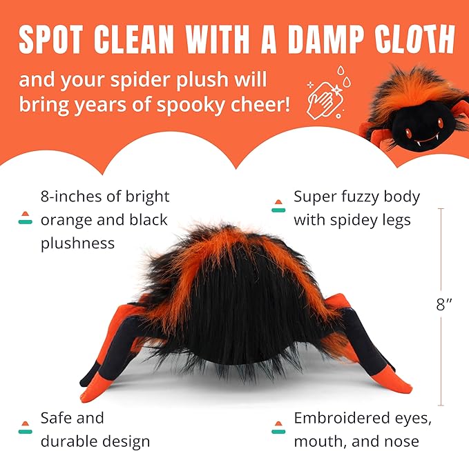 Fonzie Stuffed Spider | 8 Inches, Black, Surface Washable | Halloween Plush Decorations | Fall Decor | Spooky Home Decor | Safe Materials | Spider Stuffed Animal