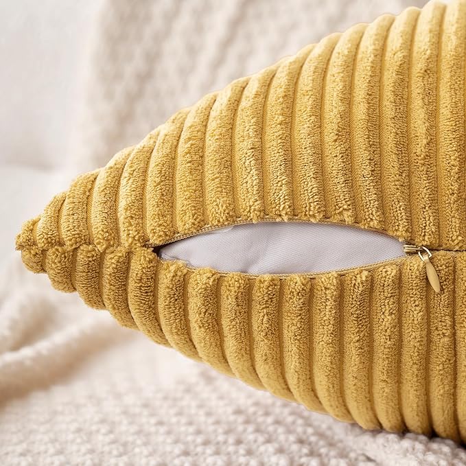 MIULEE Fall Decorative Corduroy Throw Pillow Covers Set of 2 16x16 Gold | Soft Striped Textured Cushion Cases, Boho Rustic Square Pillowcases Neutral Home Decor, for Couch Chair Sofa Bed Living Room