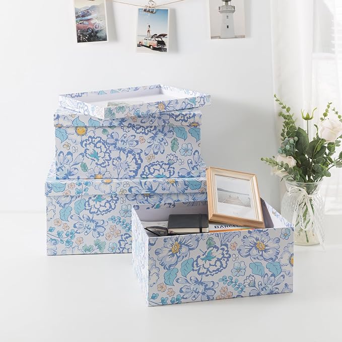 Soul & Lane - Sky Meadow Decorative Storage Boxes with Lids, Set of 3 | Floral Paperboard Nesting Containers for Keepsakes, Memories and Photos, Large Gift Set Boxes for Presents and Decor