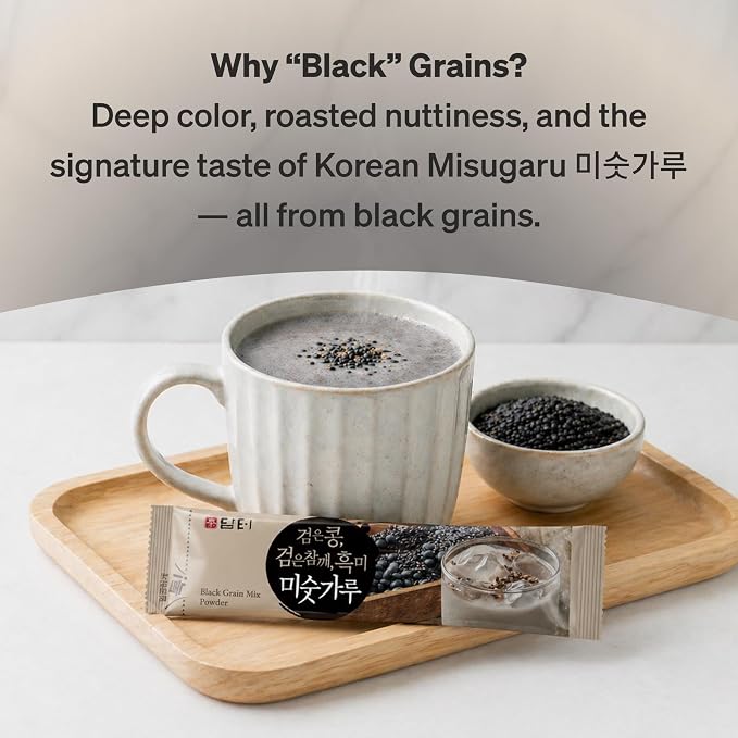 Damtuh Misugaru Powder Drink Mix – Korean Black Grain Blend with Roasted Black Rice, Bean & Sesame, Latte-Style Drink, Caffeine-Free, 20g x 12 Stick Packs