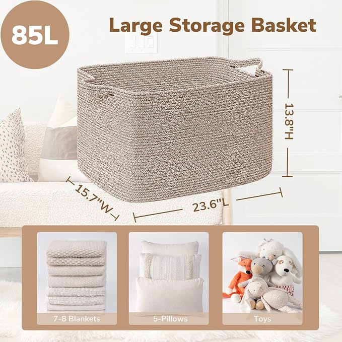 Goodpick 85L Large Woven Rope Blanket Basket, Rectangle, Brown | 23.6'' x 15.7'' x 13.8'' Storage Basket for Blankets, Toys & Clothes, Living Room & Bedroom Organization, Reinforced Handles