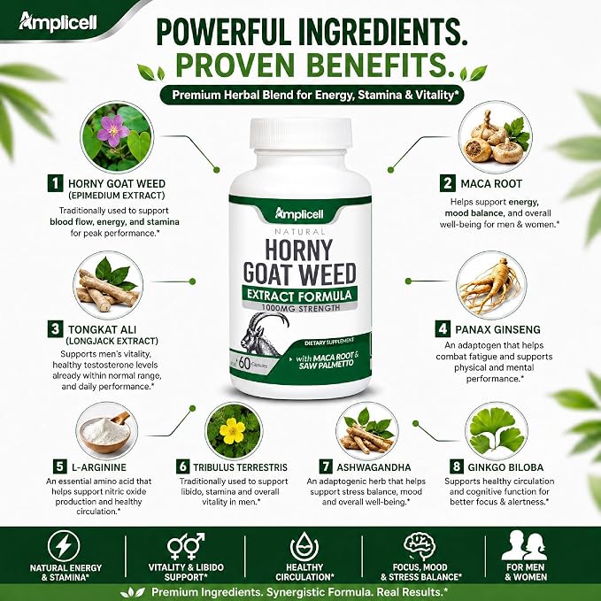 Horny Goat Weed Complex Supplement with Maca Root, Tongkat Ali, L-Arginine & Panax Ginseng – Energy, Stamina, Circulation & Vitality Support for Men & Women – Herbal Adaptogen Blend – 60 Capsules