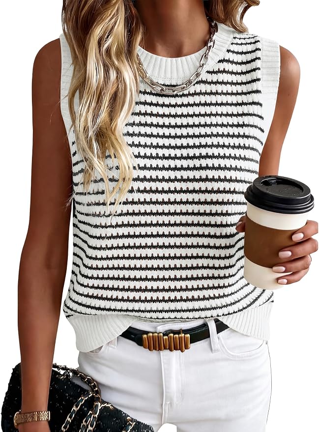 ANRABESS Womens Sleeveless Sweater Vest Striped Tank Tops | Crochet Knit Crew Neck, Lightweight Soft Comfy, Vacation Travel Work Casual Outfits, Sping Summer Layering Clothes