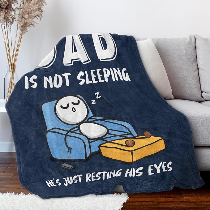 Funny Birthday Gift for Dad Husband, Dad is Not Sleeping Blanket | Dad Gifts from Daughter Son, Super Soft Throws Blanket for Couch and Napping, 60" x 50" (Blue)
