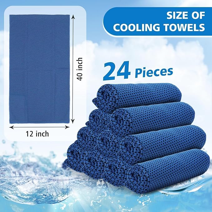 24 Pack Cooling Towels Bulk for Neck and Face 40"x12" Ice Cooling Sweat Rags Microfiber Soft Breathable Soft Chilly Towel for Yoga Golf Sport Running