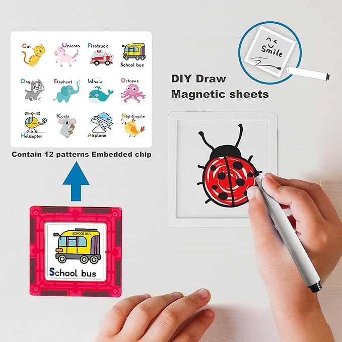 PicassoTiles 100pc Magnet Tile Construction Building Block Set with Carry Case Car Base Magnetic 8pc Characters Whiteboard Markers Idea Book Magnetized Toy Kit Playset Kids STEM Learning Age 3+ PB01