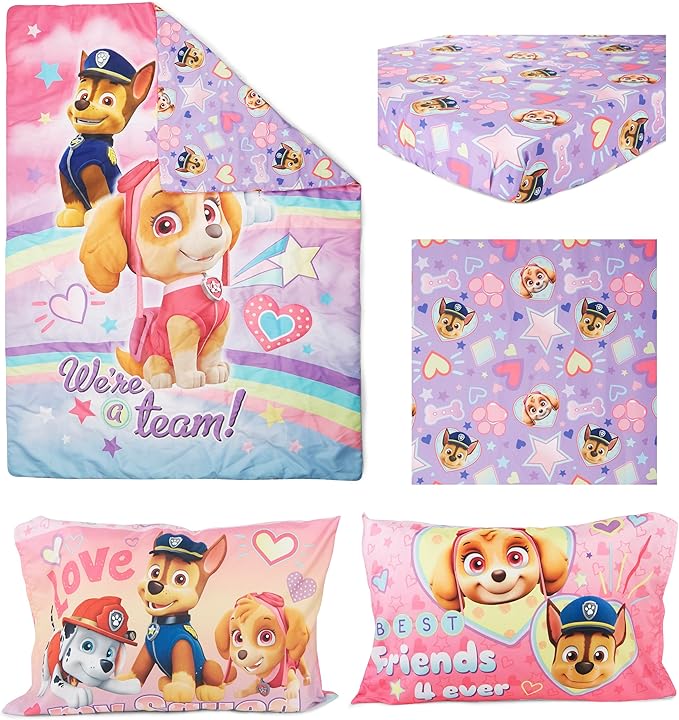 Paw Patrol Skye We're A Team 4 Piece Toddler Bedding Set - Includes Comforter, Sheet Set - Fitted + Top Sheet + Reversible Pillow Case for Girls Bed, Pink