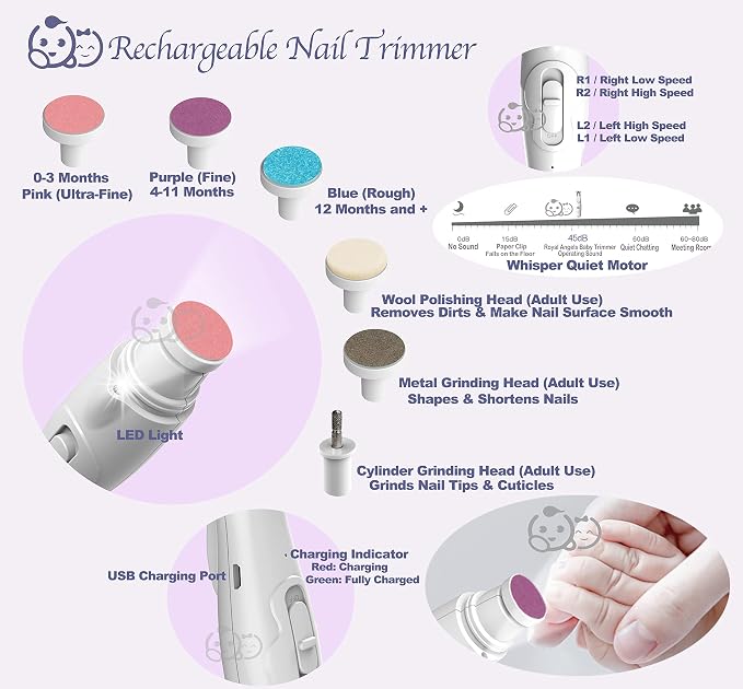 Royal Angels Rechargeable Dual Sided 20 in 1 Baby Nail Trimmer & Clipper, 15 Filing Pads, Whisper Quiet Electric File with LED Lights for Newborns & Toddlers, Safe Manicure Set for Families (Snow)