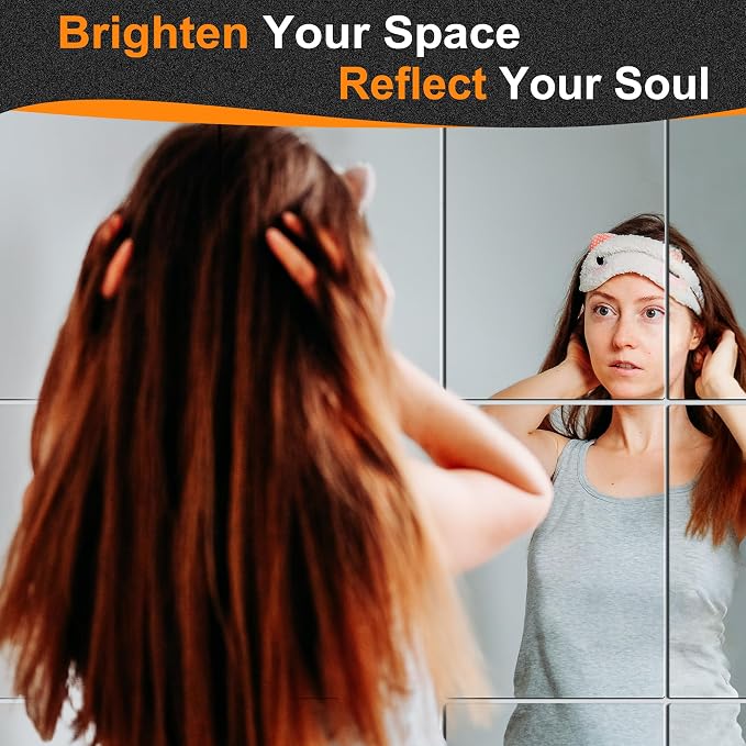 Delma Frameless Mirror Tiles 16"x12"x12 Pcs Wall Mounted | Shatter Resistant, Full Length, Tempered Glass Panels, For Home Gym Bathroom Bedroom & Living Room Decor