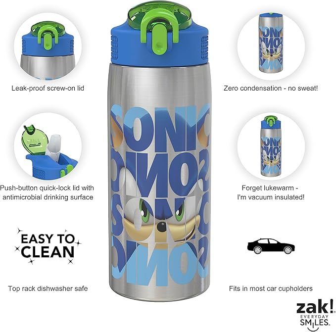 Zak Designs Sonic the Hedgehog Water Bottle for Travel and At Home, 19 oz Vacuum Insulated Stainless Steel with Locking Spout Cover, Built-In Carrying Loop, Leak-Proof Design (Sonic)