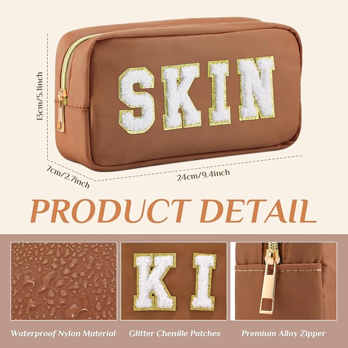 Preppy Makeup Bags Chenille Letter Stuff Bag Nylon Cosmetic Pouch Cases with Zipper for Women Travel Toiletry(Brown Set,Classic,4 Pcs)