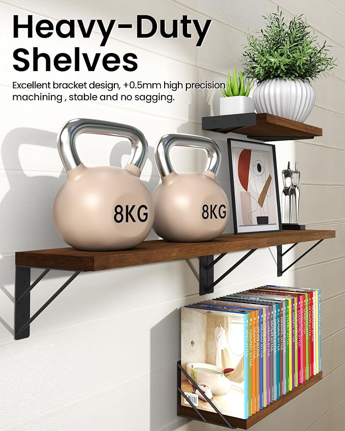 BAYKA Floating Shelves for Wall, Book Shelf for Bedroom, Decor Shelves for Living Room Kitchen, Mounted Wood Floating Shelf for Home Decor, Corner Shelf for Bathroom, Office(Dark Brown,Set of 4)