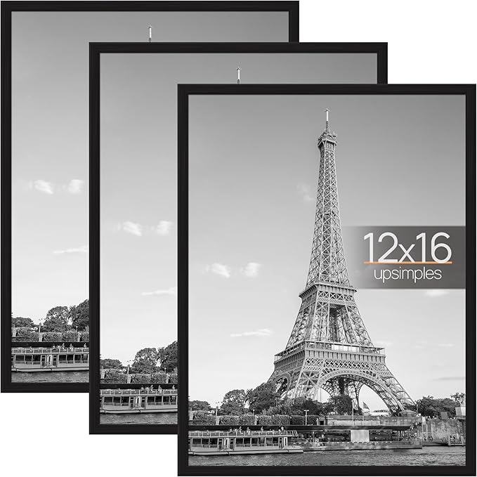 upsimples 12x16 Picture Frame Black 3 Pack, Scratch-Proof Poster Frames 12 x 16 for Photo Gallery - Slide-In Strips, Horizontal or Vertical Wall Mounting | Gallery Wall 12 x 16 Picture Frames Set for Family, Wedding, Christmas, Easy to Change Photos