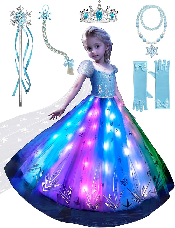 Princess Dress Up for Girls RGB LED Light Up Syncs Music, Princess Birthday Dress Halloween Costume for Girls 3-10