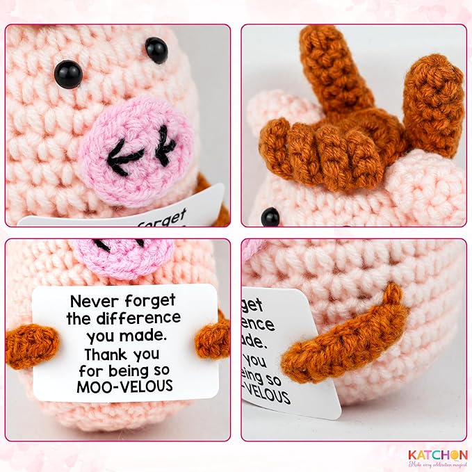 KatchOn, Mini Funny Positive Cow Gifts | Emotional Cheer Up Support Gift for Women, Men, Coworker, Friends, Teen | Handmade Crochet Highland Cow Gift for Christmas, Birthday, Bosses Day, Thanksgiving