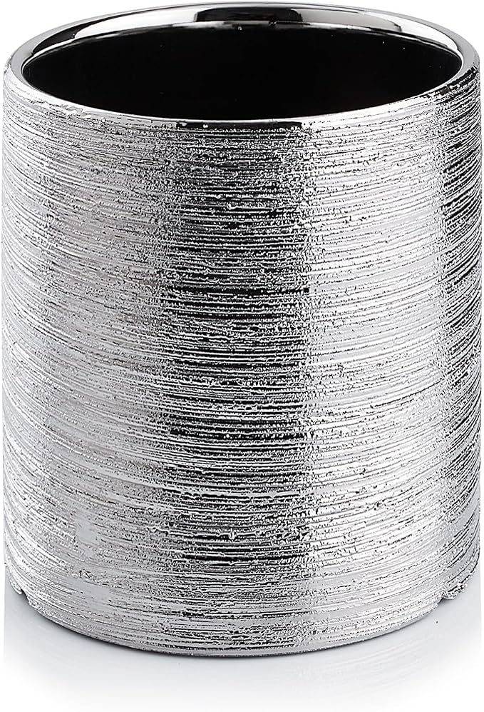 WGVI Silver Etched Ceramic Cylinder Vase Width 3.75" Height 4", Flower Arrangements, Candle Holder, Terrarium Planter Pot, Storage Container Organizer, Pen Brush Holder, Scratched Texture, 6 Pcs