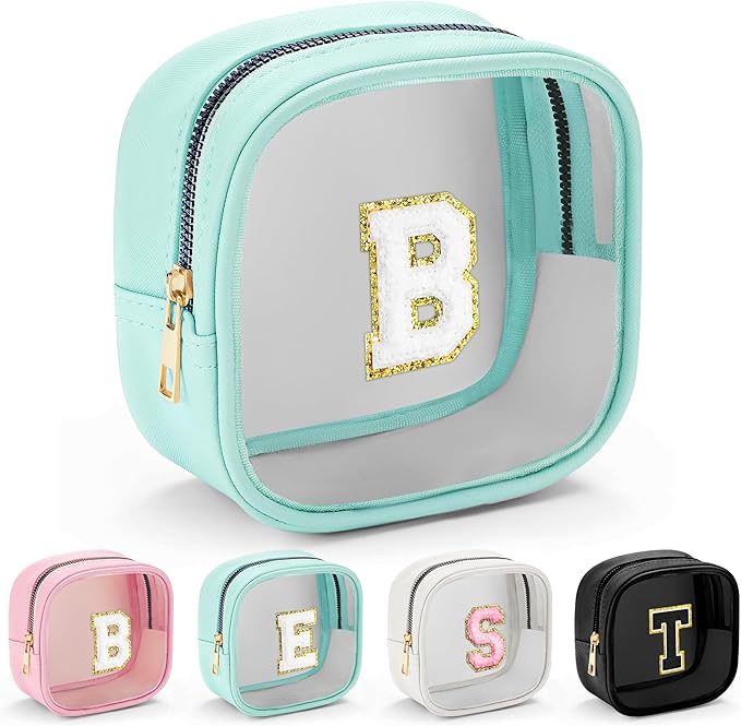 YOOLIFE Initial Make Up Bag Travel Toiletry Bag, Small Makeup Bag Clear Makeup Bag Preppy Cosmetic Bags Organizer Travel Essentials Gifts for Women Teen Girlfriend Teacher Mom Birthday Gifts Blue B