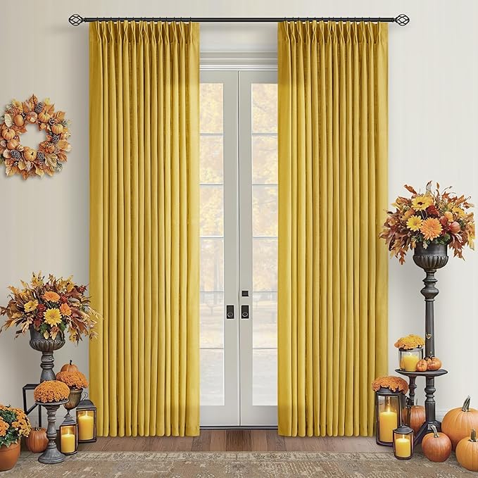 TWODRAPES Mustard Yellow 80 Inch Pinch Pleated Linen Light Filtering Curtains 2 Panels