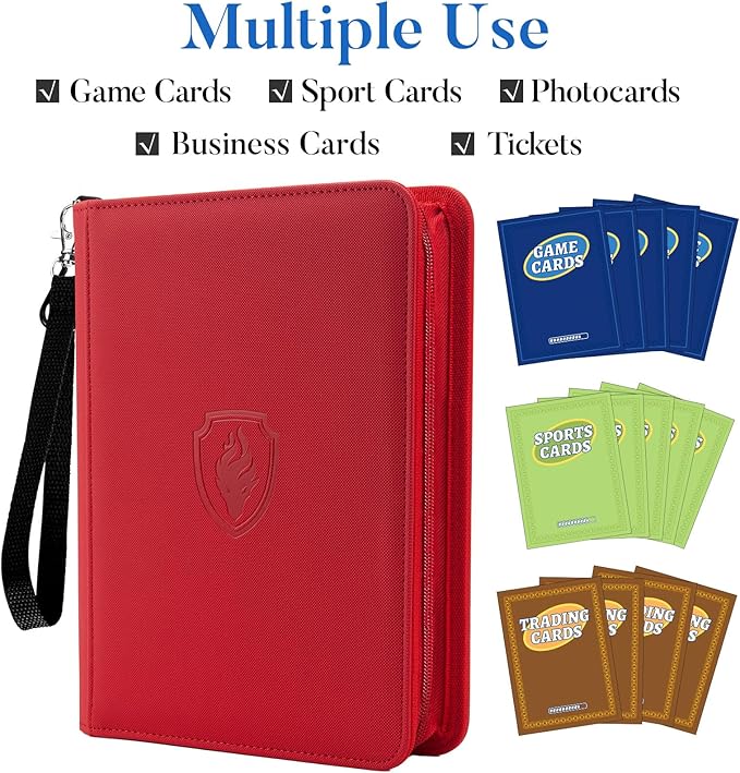 Fabmaker Premium 4 Pocket Zip Card Binder, Trading Card Binder for 320 Cards, Portable PU Card Collection Binder, Collector Card Album Folder for Game & Sports Cards (Red)