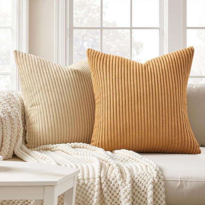 Topfinel Fall Soft Corduroy Throw Pillow Covers 18x18 Inch Yellow Brown | Set of 4 Farmhouse Striped Gradient Rustic Pillow Covers for Sofa Couch Living Room Bedroom