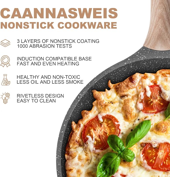 Caannasweis Nonstick Granite Omelet Frying Pan Skille 12 Inch with Lid | Non Stick Omelette Fry Pans, Omelet Egg Pan, Stone Cookware Chef's Pan, Induction Compatible, PFOA Free